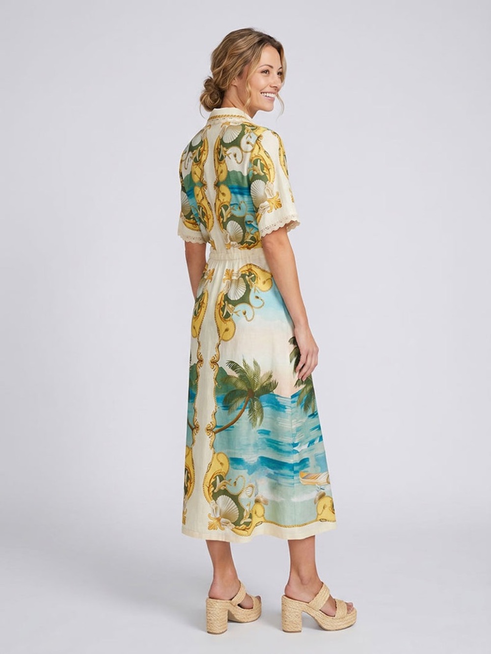 FARM Rio Off-White Royal Sea Collared Midi Dress Linen-Blend Size Small NWT - Picture 4 of 16